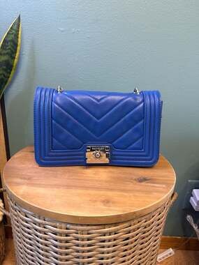Badgley Mischka Blue Chevron Quilted Flap Crossbody Bag